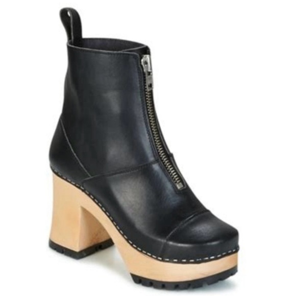 Swedish Hasbeens Grunge Black Leather Wooden Heel Clog Ankle